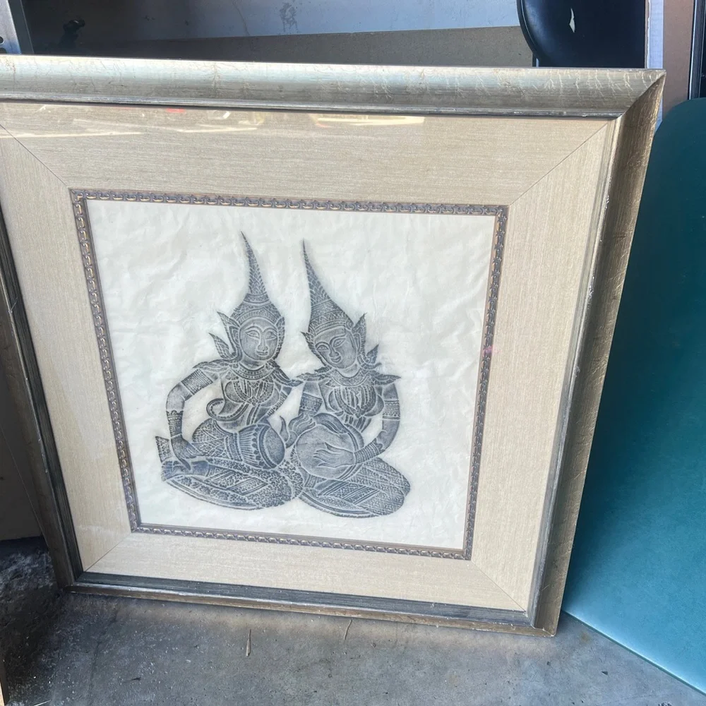 Mid Century Blue Thai Temple Rubbing Rice Paper Art Buddha 22x25 FRAME‎ 2 Set